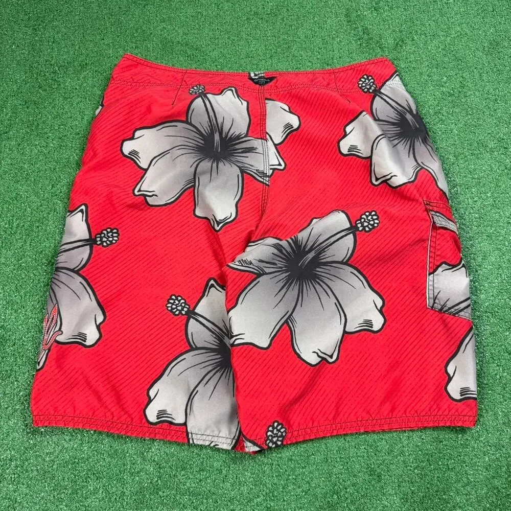 Vintage O’Neill Board Shorts Mens 34 Red Floral Surf Swim Trunks Y2K Hawaiian
